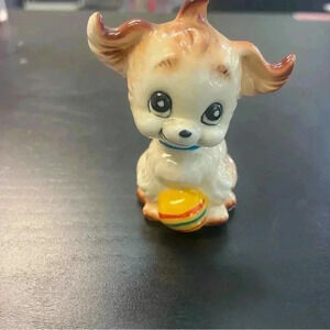 Vintage Bone China Puppy w/ big eyes and yellow striped ball,‎ approx. 3” tall